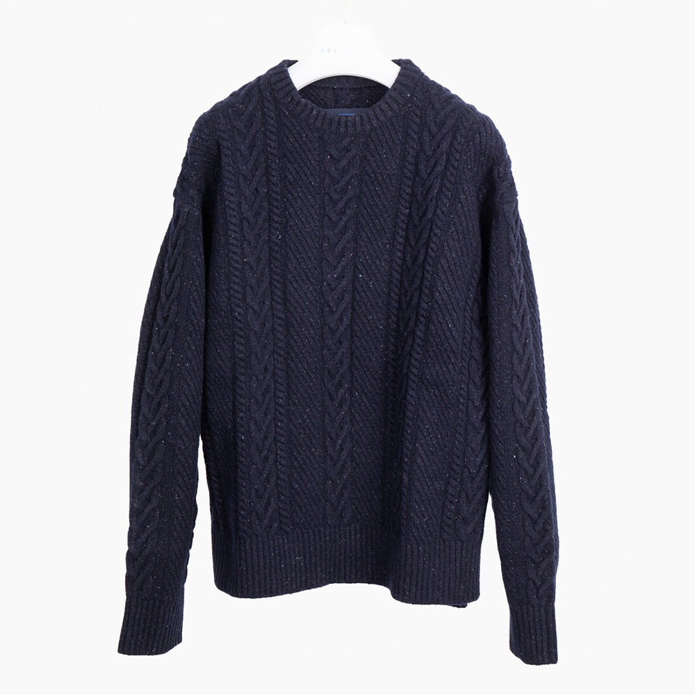 DOCUMENTCable-Knit Crew Neck Sweater(Navy)