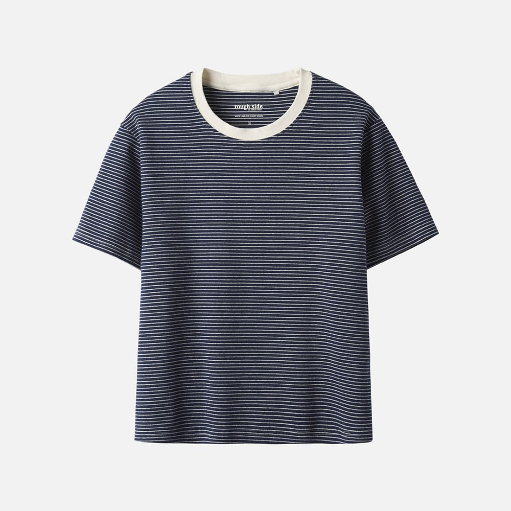 ROUGH SIDEWomen  Soft Stripe 1/2 T-Shirt(Navy)