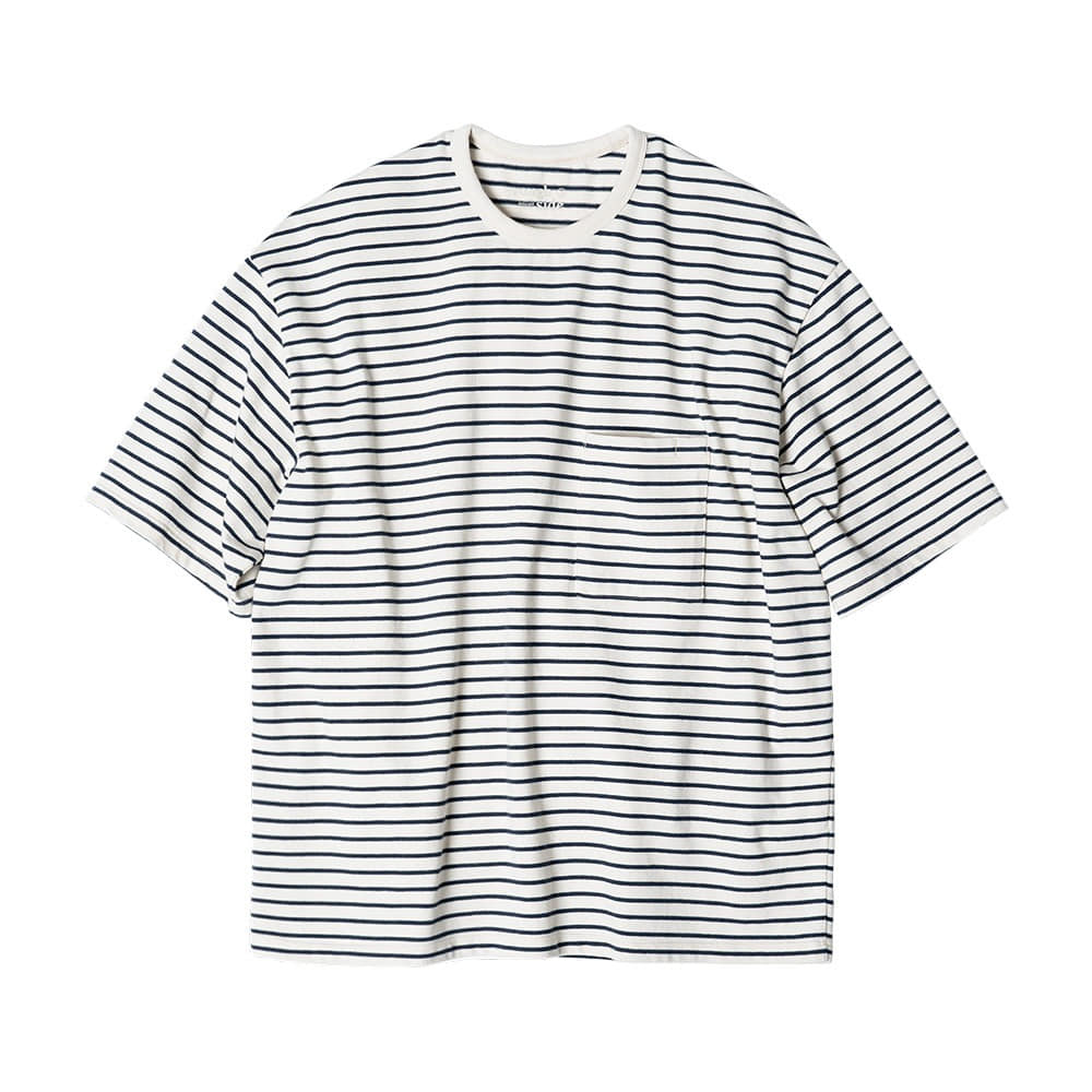 ROUGH SIDE107. Stripe 1/2 T-Shirt (Reverse Navy)